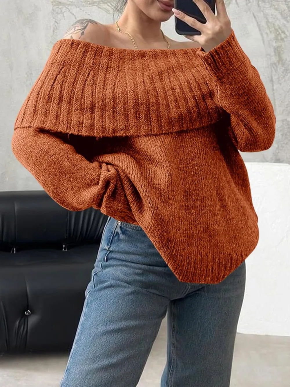 🎄Hot Sale Off The Shoulder Sweaters Long Sleeve Slouchy Knitted Casual Loose Fall Trendy Pullover Tops
