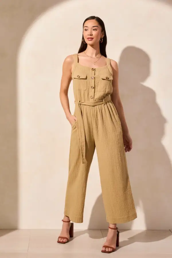 Cotton Gauze Belted Jumpsuit-Nudeolive