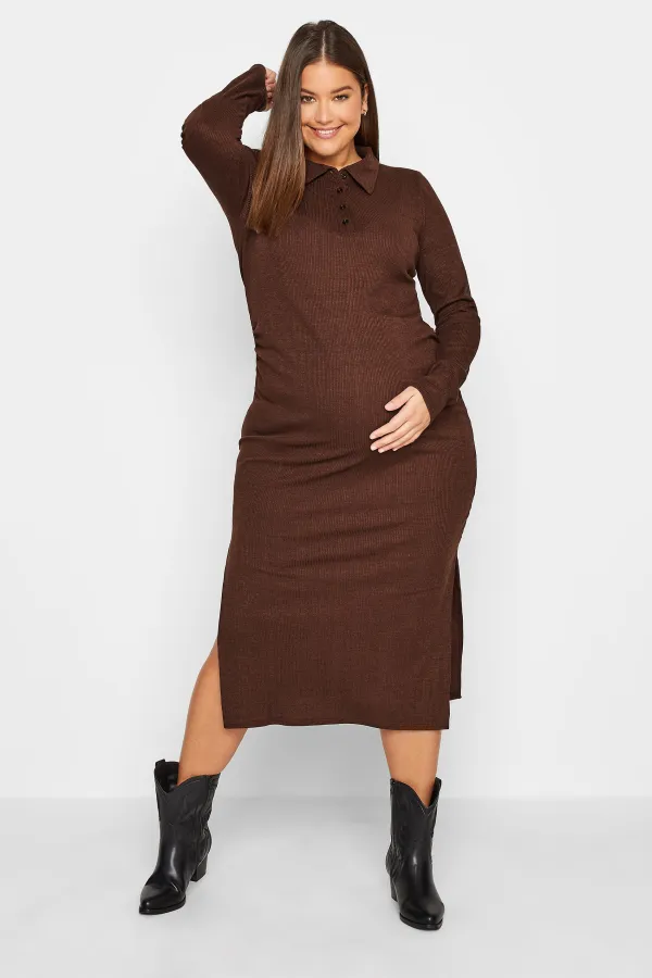 LTS Tall Maternity Brown Ribbed Polo Midi Dress