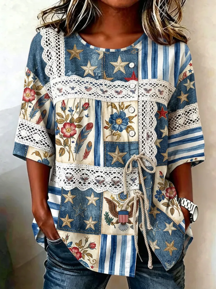 Women's Nashville Patriotic Floral Star Lace Printed Top