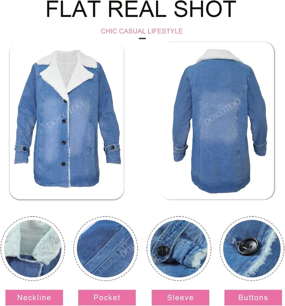 Womens Winter Warm Jean Jacket Stand Collar Wool Liner Sherpa Denim Coats Thicker Outerwear with Pockets