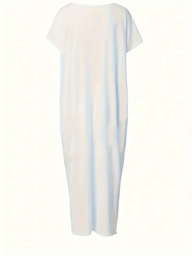 Plus Size Solid Slant Shoulder Pocket Dress, Vacation Style Short Sleeve Long Length Dress For Spring & Summer, Women's Plus Size Clothing