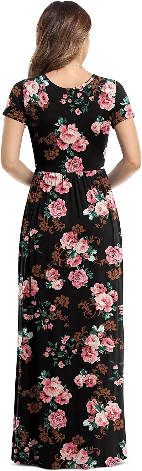 Women's Short Sleeve Loose Plain Maxi Dresses Casual Long Dresses with Pockets