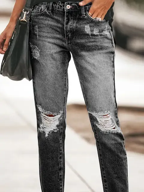 Solid Mid-rise Ripped Casual Jeans