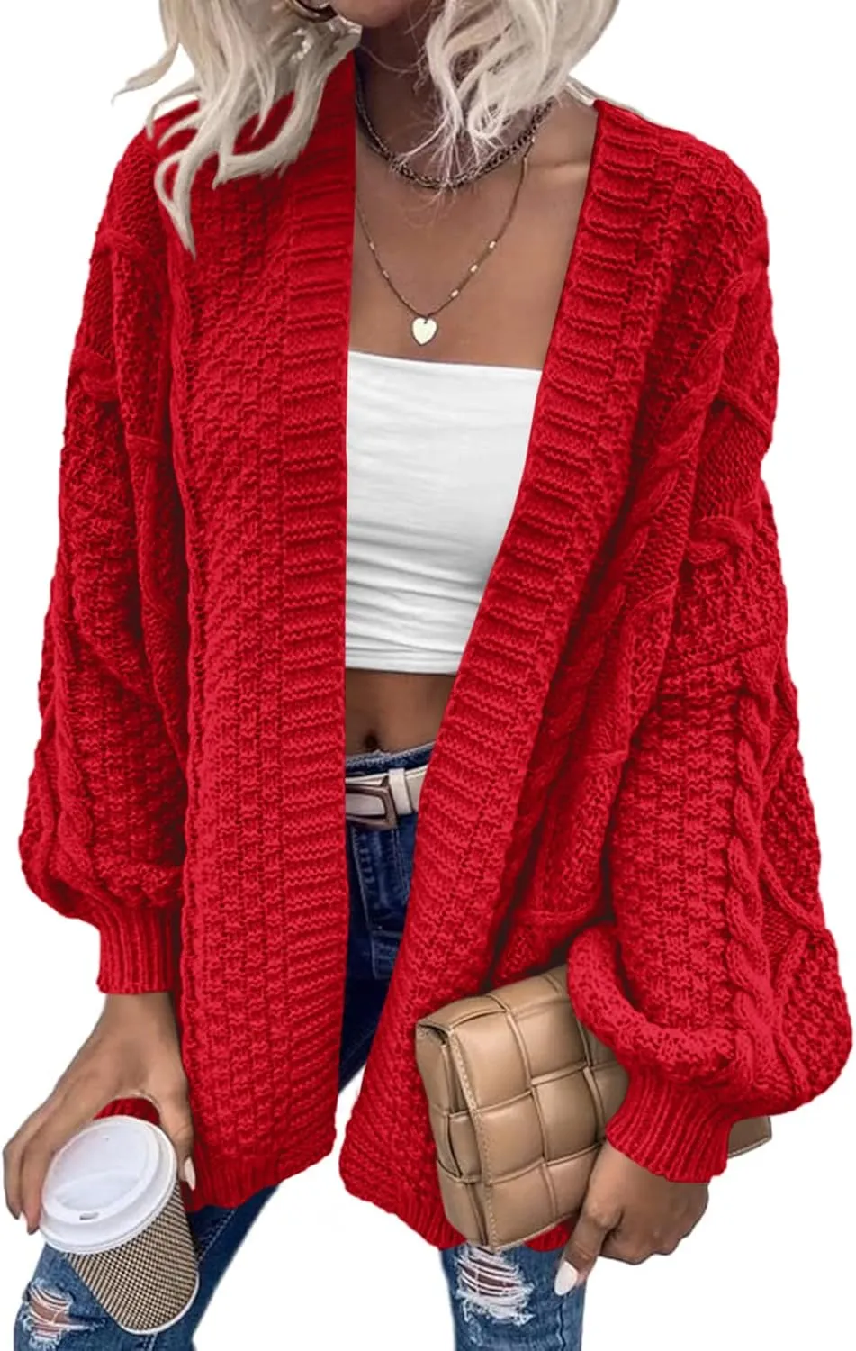 Dyexces Womens Oversized Cardigan Sweaters Open Front Cable Knit Lantern Long Sleeve Chunky Outwear Coats