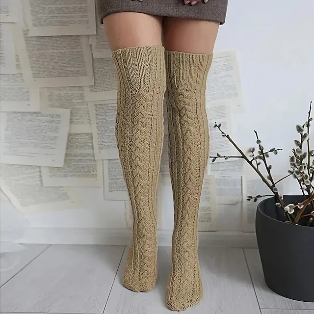 Women's Cable Knit Knee-High Winter Extra Long Winter Stockings Thicker Over Knee Socks No Show Leg Warmers