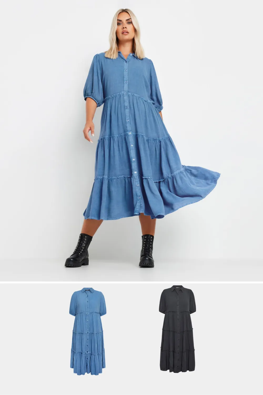YOURS Curve 2 PACK Blue & Black Wash Chambray Dress