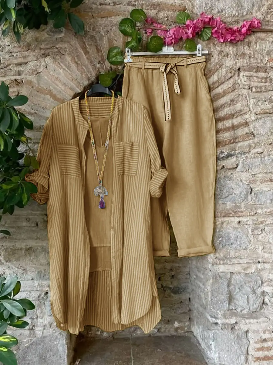 （Clearance Sale⚡） Casual Top And Pants With Stripe Cardigan Three-piece Set
