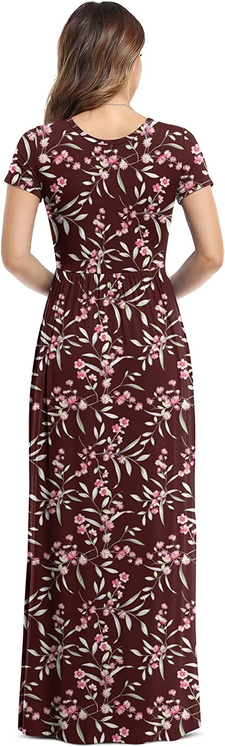 Women's Short Sleeve Loose Plain Maxi Dresses Casual Long Dresses with Pockets