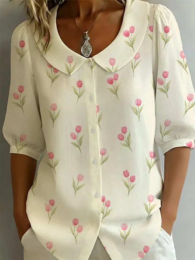 Women'S Flower Art Sleeves Doll Collar Cotton Hemp Shirt