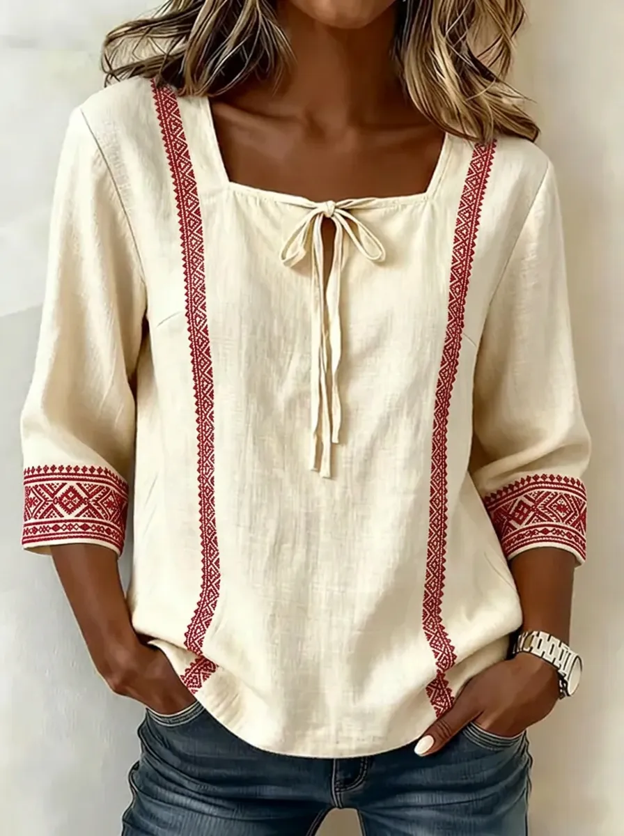 Women's Nashville Country Style Red Geometric Embroidered Printed Top