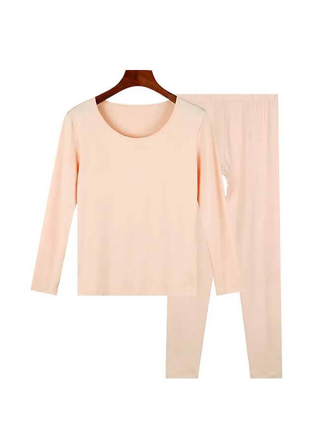 Women‘s Thermal Underwear Pajamas Set Pure Color Warm Comfort Soft Home Daily Bed Polyester Comfort Warm Crew Neck Long Sleeve T shirt Tee Pant Elastic Waist Fall Winter Black Pink