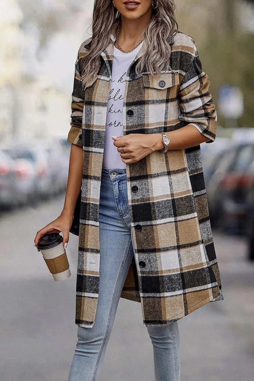 Women's Plaid Shacket 2023 Long Sleeve Button Up Flannel Shirt Winter Tartan Jacket Woolen Coats