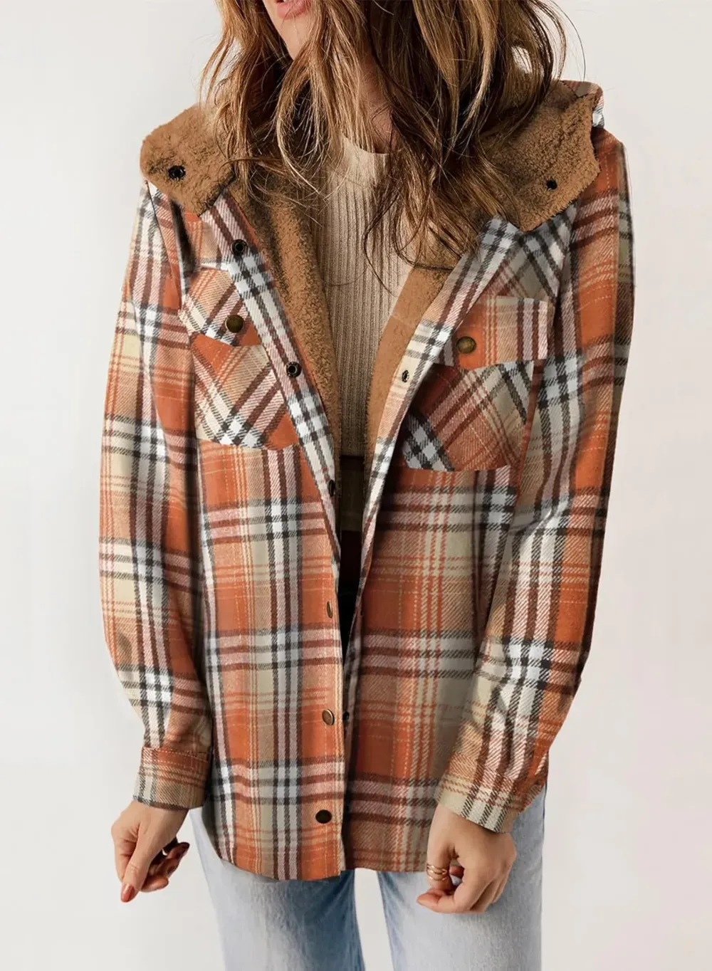 Womens Plaid Shacket Jacket Long Sleeve Button Down Fleece Hooded Jackets Warm Coat