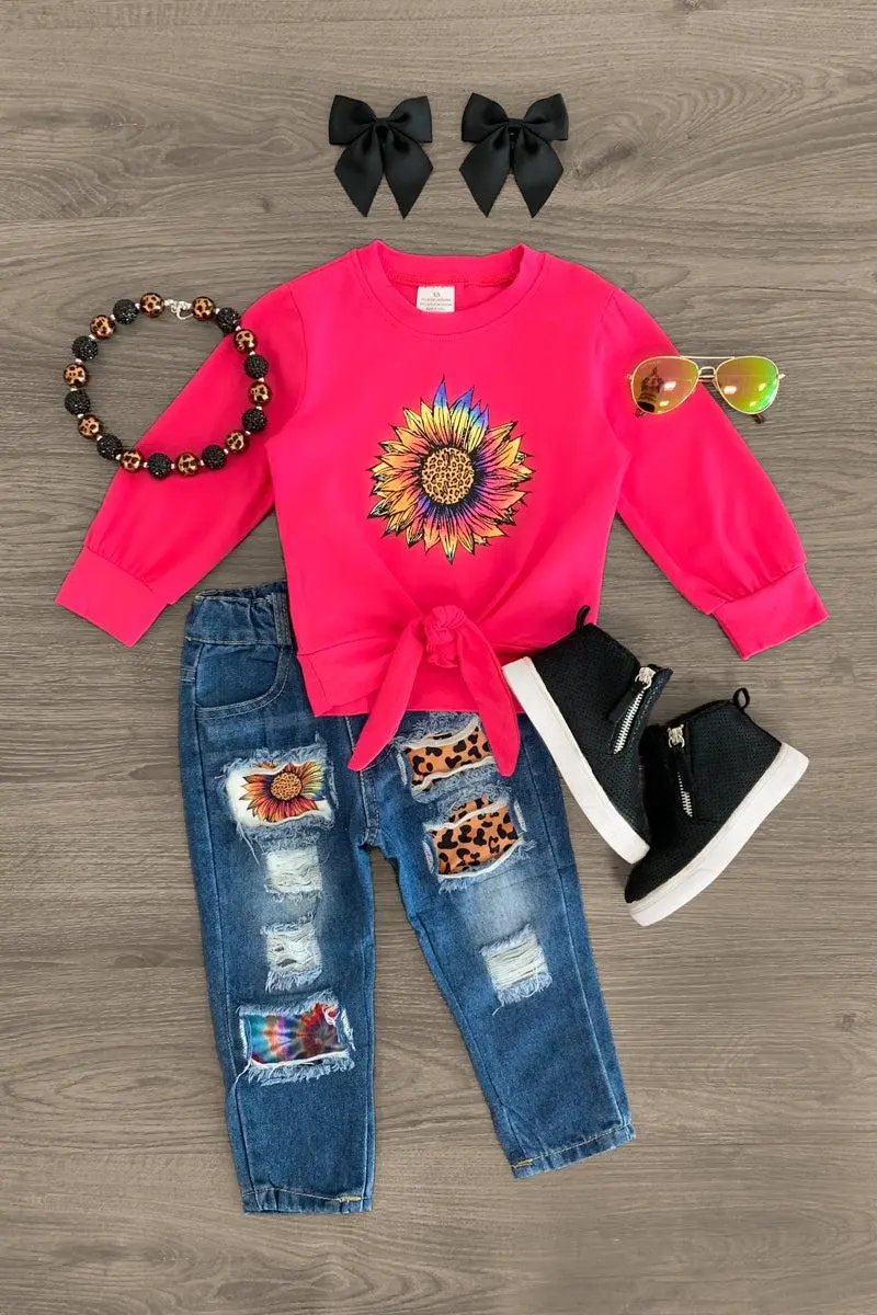 Hot Pink Cheetah Sunflower Denim Pant Set