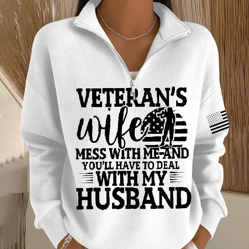Women's Veteran Art Print Casual Zip-Up Sweatshirt