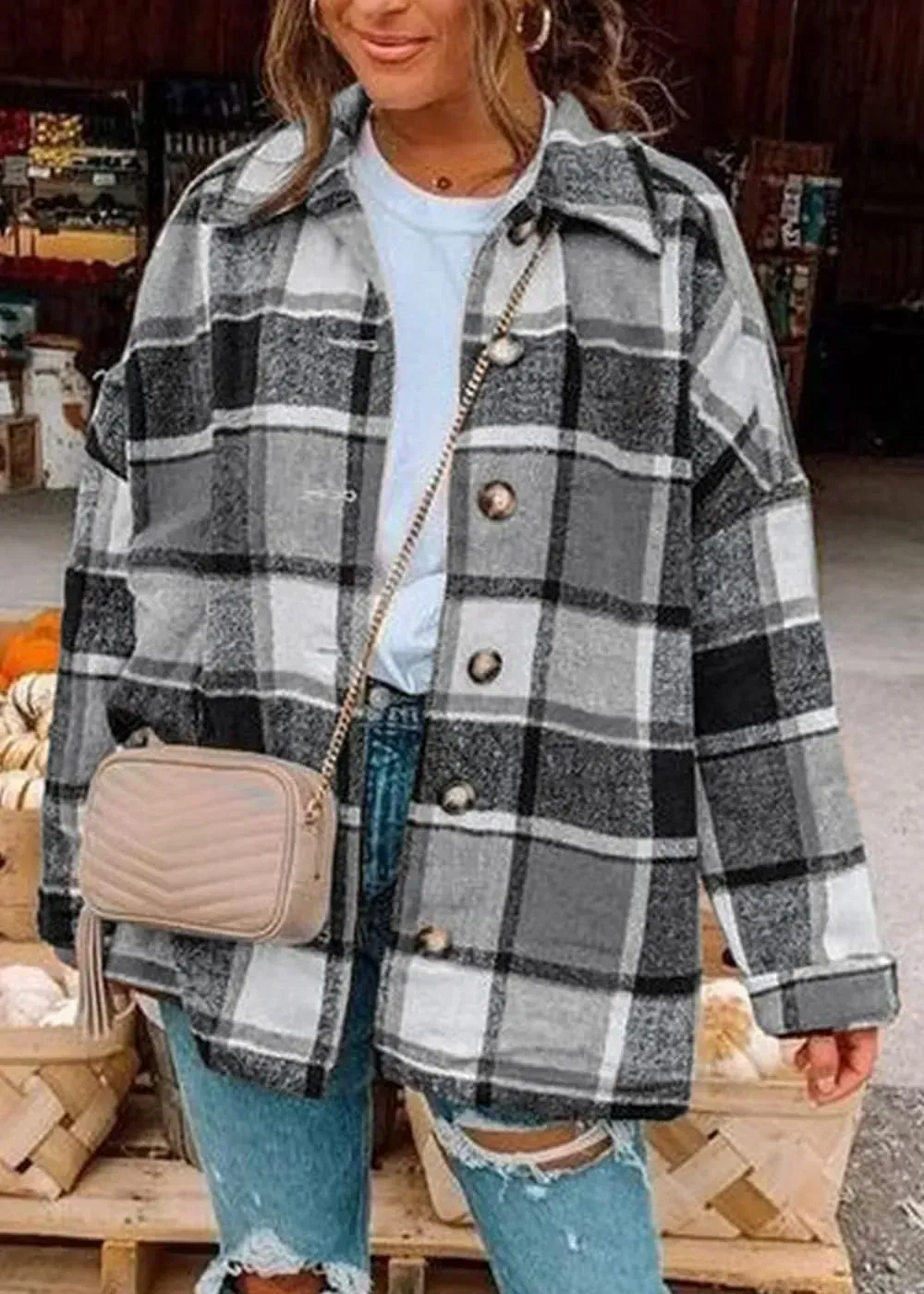 Women's 2023 Fall Clothes Plaid Shacket Jacket Long Sleeve Button Down Flannel Shirts Fashion Blouse