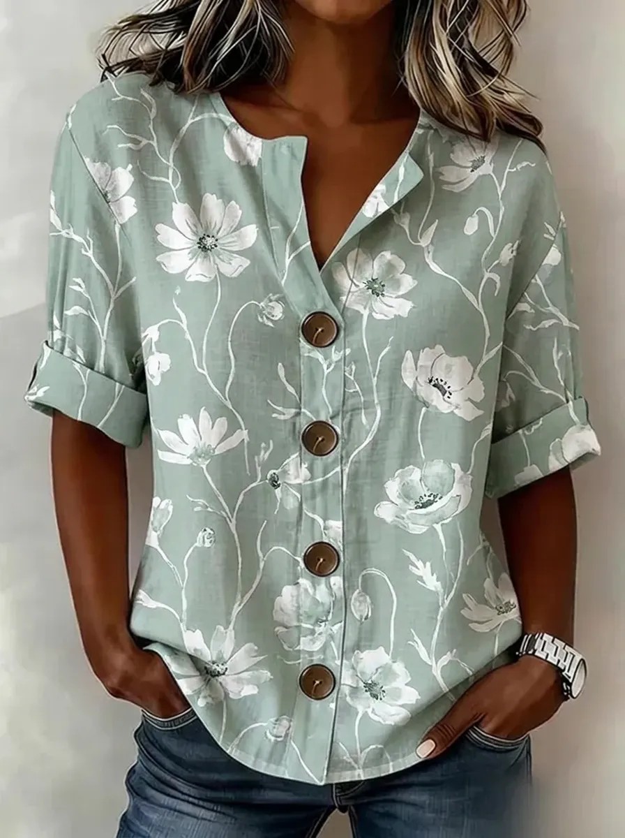 Women's Nashville Floral Botanical Printed Button-Down Shirt