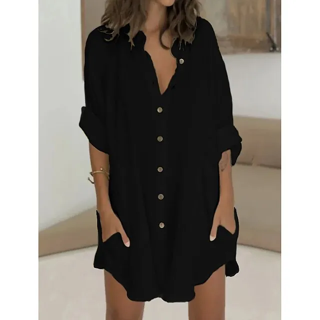 Women's Shirt Dress Casual Dress Mini Dress White Green Long Sleeve Pure Color Button Fall Spring Summer Shirt Collar Basic Daily Fall Dress Loose Fit 2023 M L XL 2XL 3XL