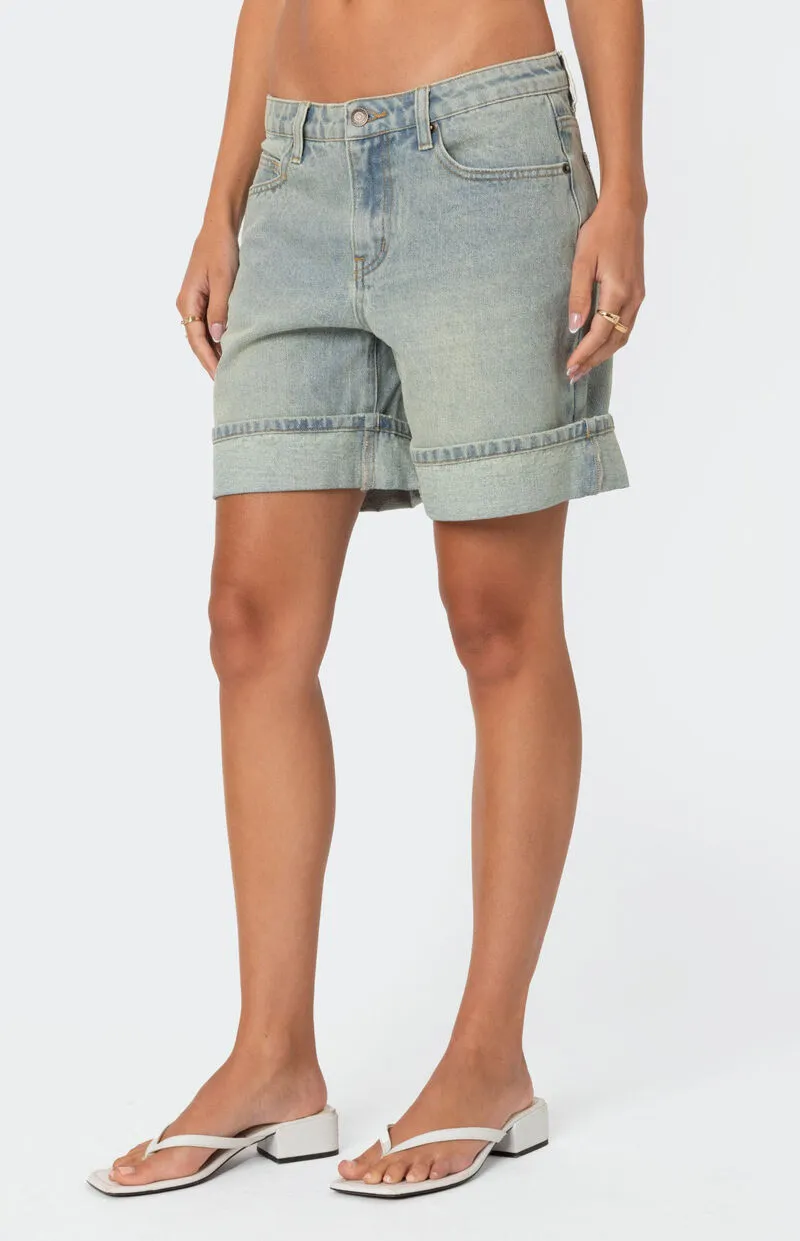 Edikted Cuffed Washed Denim Bermuda Shorts