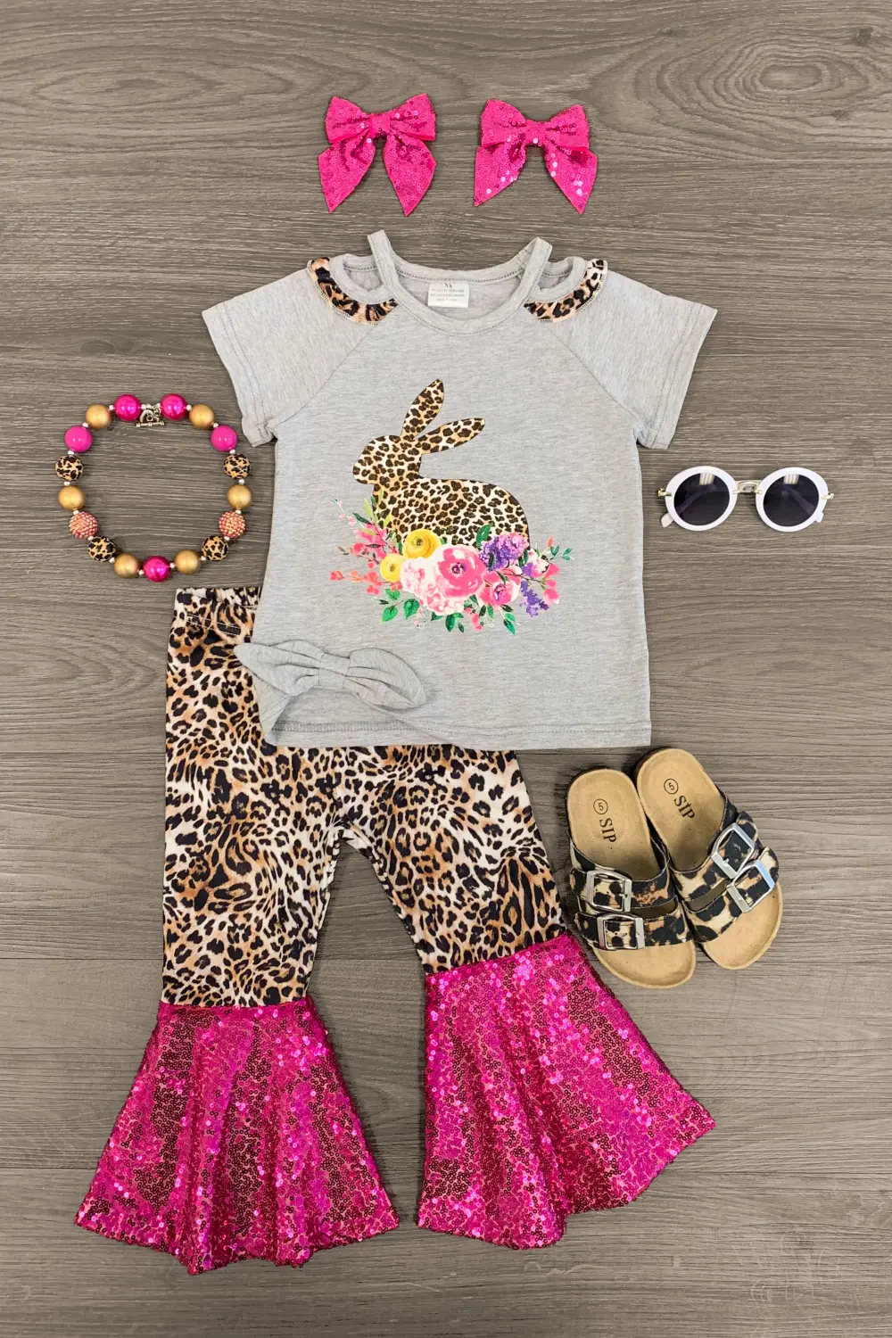 Gray Floral Cheetah Bunny Sequin Bell Bottom Set
