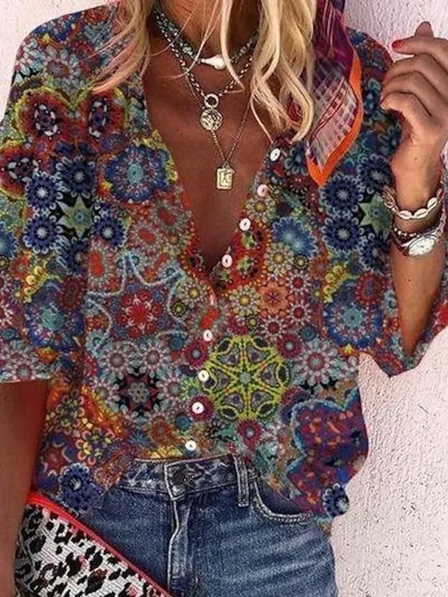 Women's Shirt Blouse White Navy Blue Rainbow Graphic Floral Print Long Sleeve Casual Daily Vintage Tropical Shirt Collar Regular Floral S