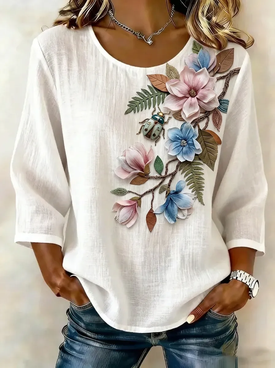 Women's Nashville Floral Beetle Printed Linen-look Top