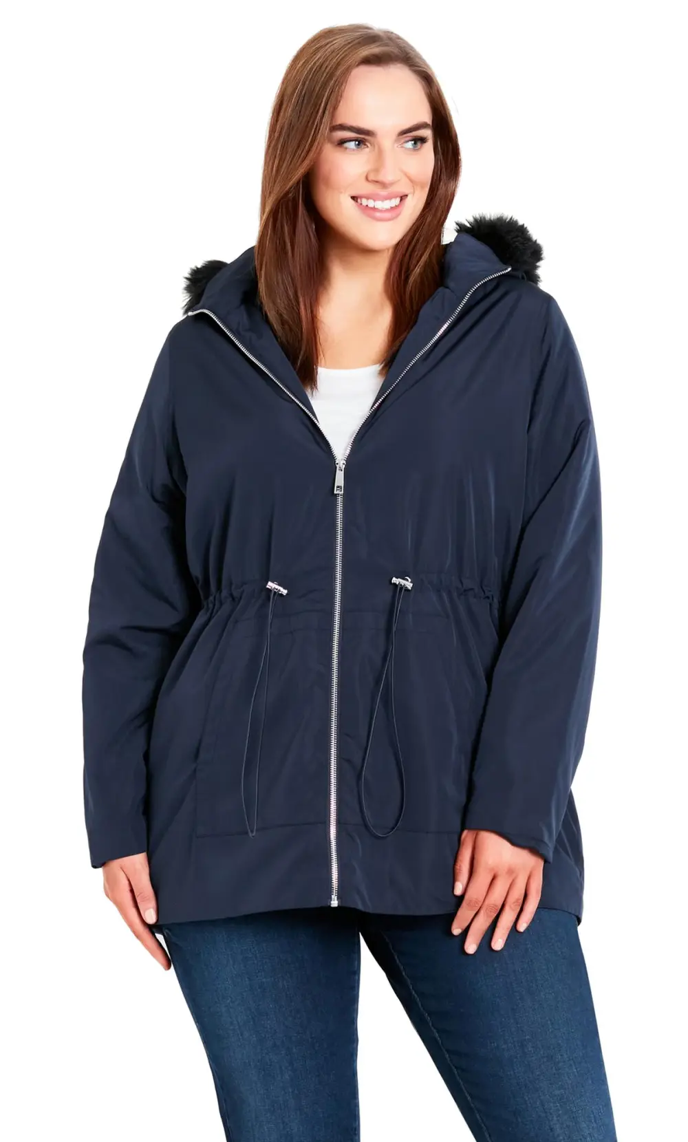 Evans Navy Blue Faux Fur Hooded Parka Coat