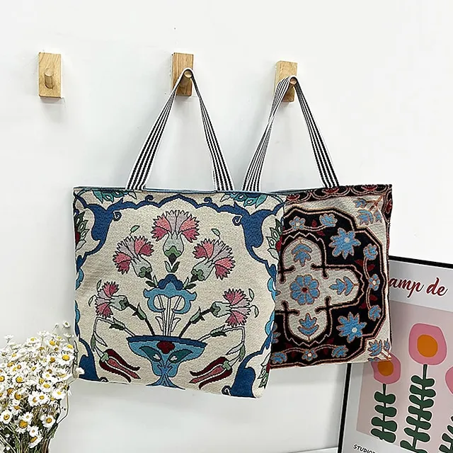 Women's Tote Shoulder Bag Canvas Tote Bag Canvas Shopping Holiday Zipper Large Capacity Foldable Lightweight Geometric Folk Style one Style Three Style two