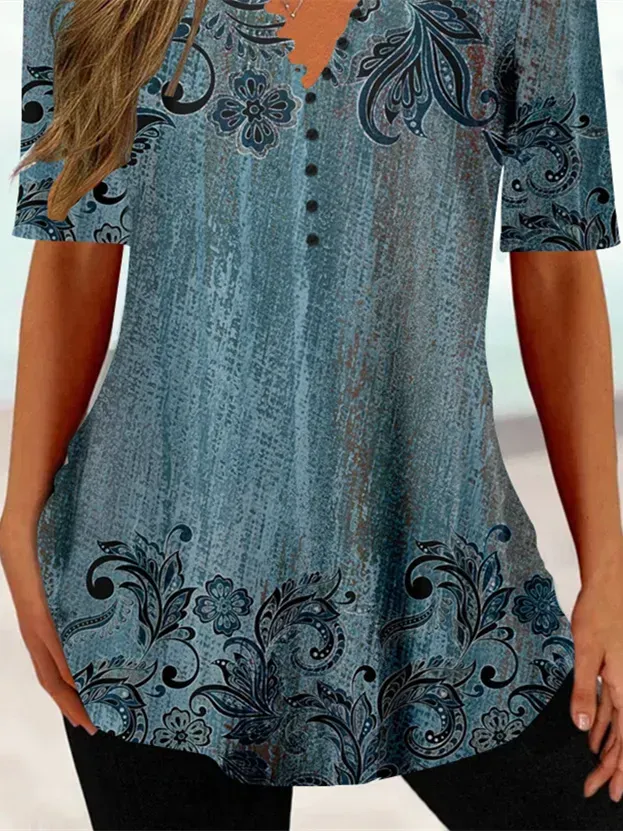 Women Half Sleeve V-neck Floral Printed Tops