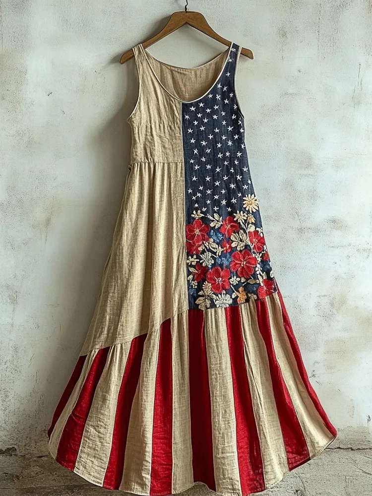 Independence Day Inspired Floral Print Vintage Dress