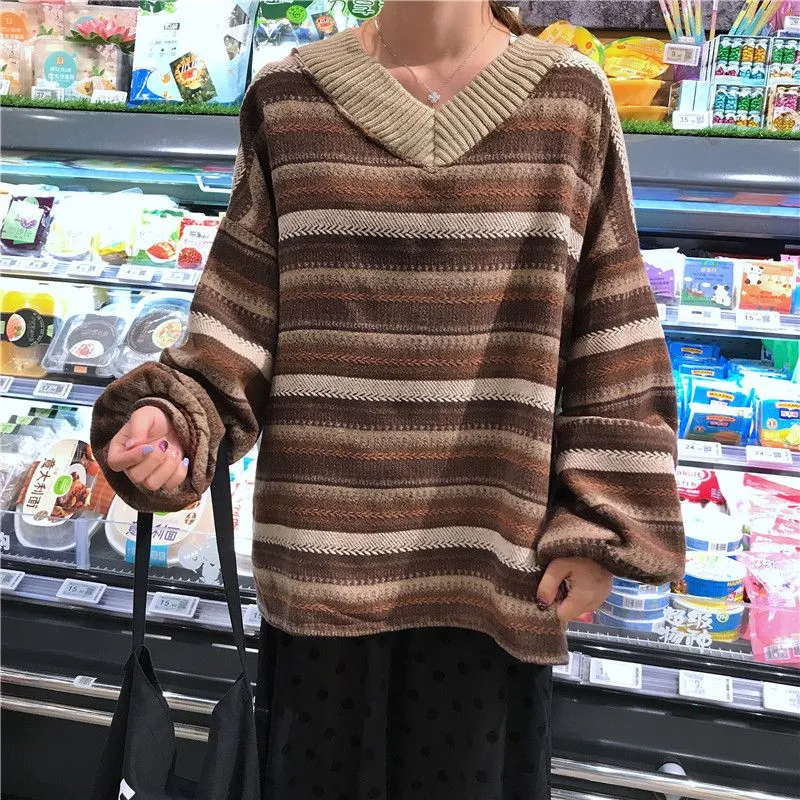Loose V-neck Striped Sweater