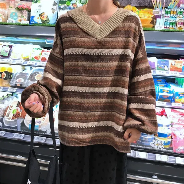 Loose V-neck Striped Sweater