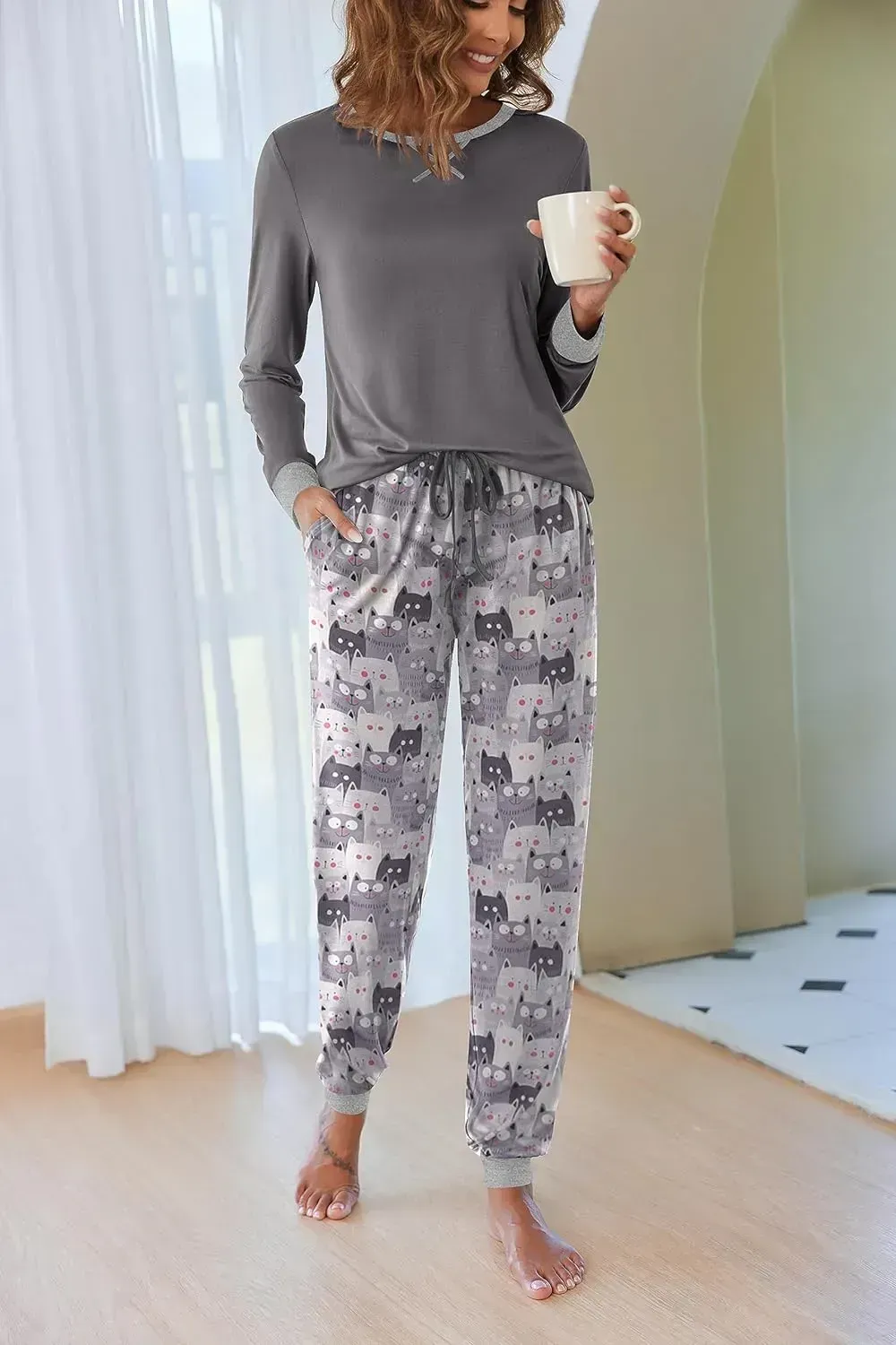 Women's Pajamas Sets Long Sleeve with Plaid Pants Soft Sleepwear O Neck 2 Piece Pjs Joggers Loung Set with Pockets
