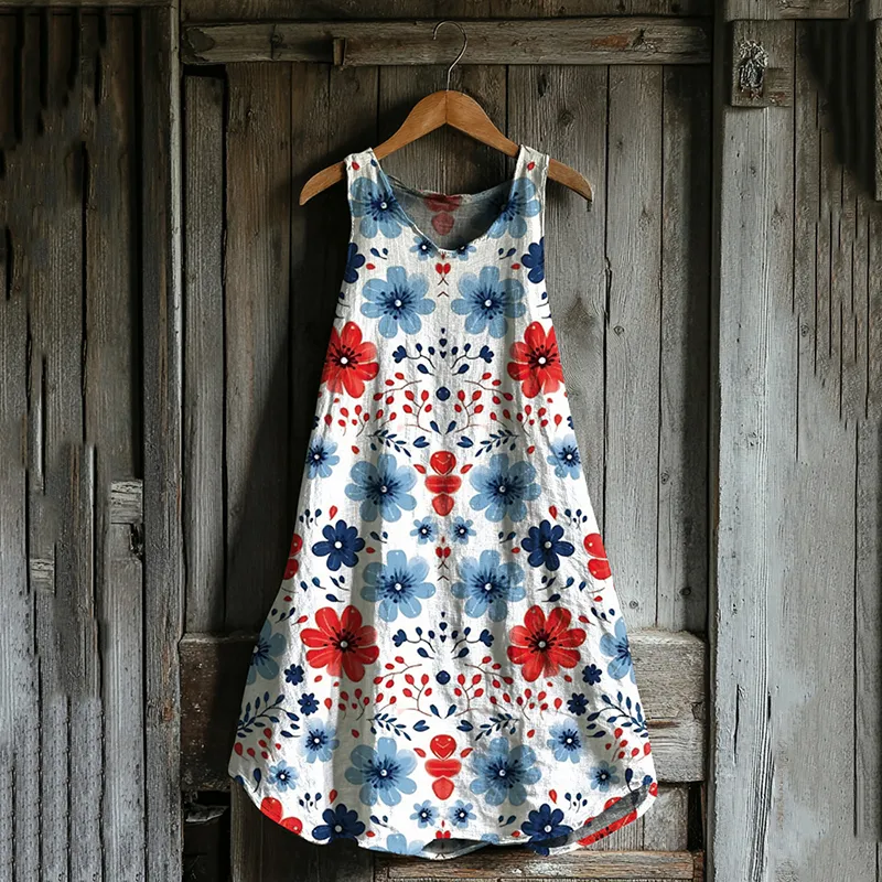 Vintage Loose Independence Day American Floral Patriotic Fourth Of July Art Linen Tank Dress