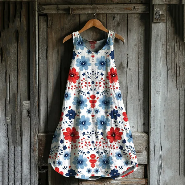 Vintage Loose Independence Day American Floral Patriotic Fourth Of July Art Linen Tank Dress