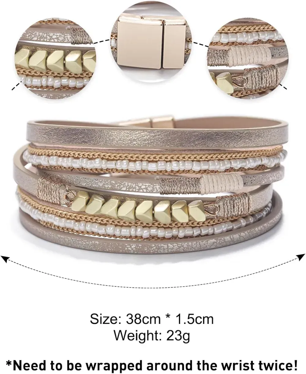 Fesciory Leather Wrap Bracelets for Women, Boho Leopard Multi-Layer Crystal Beads Cuff Bracelet Jewelry