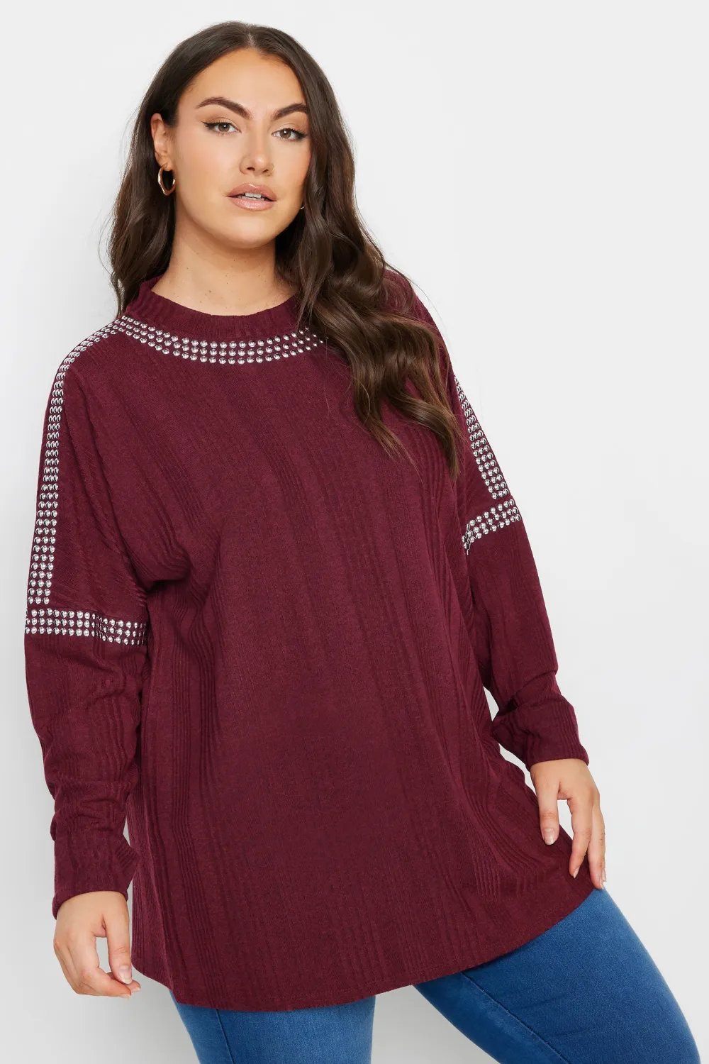 YOURS Curve Grey Stud Neckline Embellished Jumper