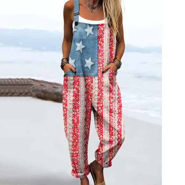 Women's Vintage Independence Day Floral Print Casual Jumpsuit