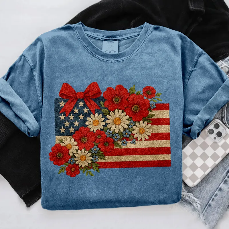Floral American Flag Embroidered Vintage T Shirt