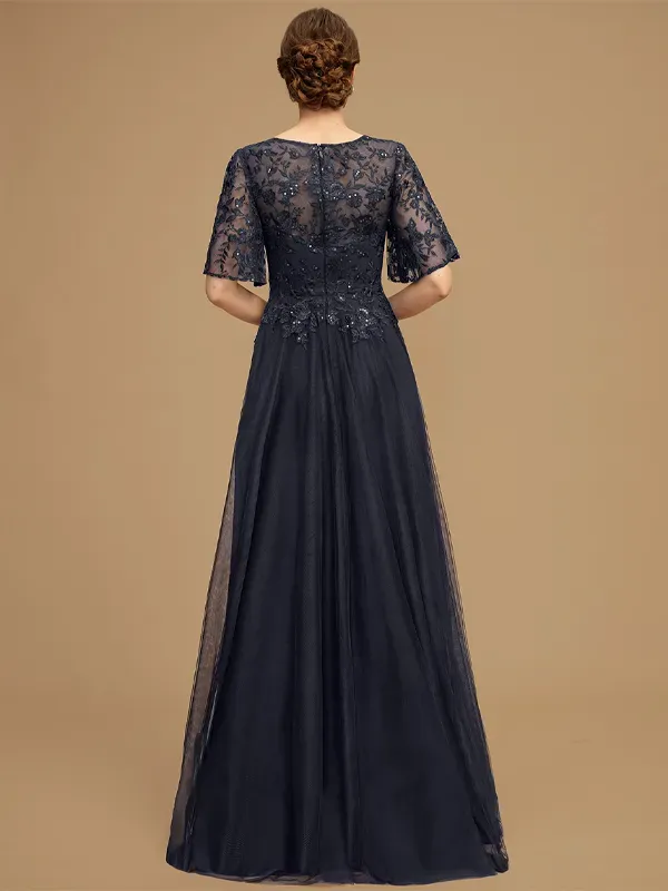 Round Neck Lace Short Sleeve Solid Color Mesh Maxi Dress