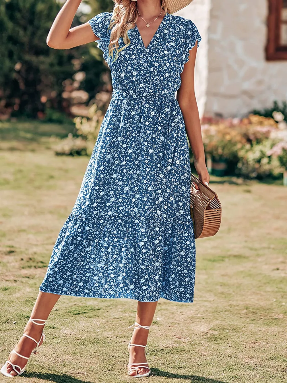 Women Summer Bohemian Floral Casual Wrap V Neck Ruffle Cap Sleeveless Belt A-Line Pleated Hem Swing Midi Sun Dress
