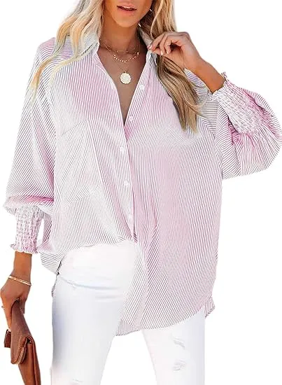 Womens Smocked Cuffed Striped Boyfriend Shirt Casual Collar Long Sleeve Oversized Button Down Blouse Tops with Pocket Shirred