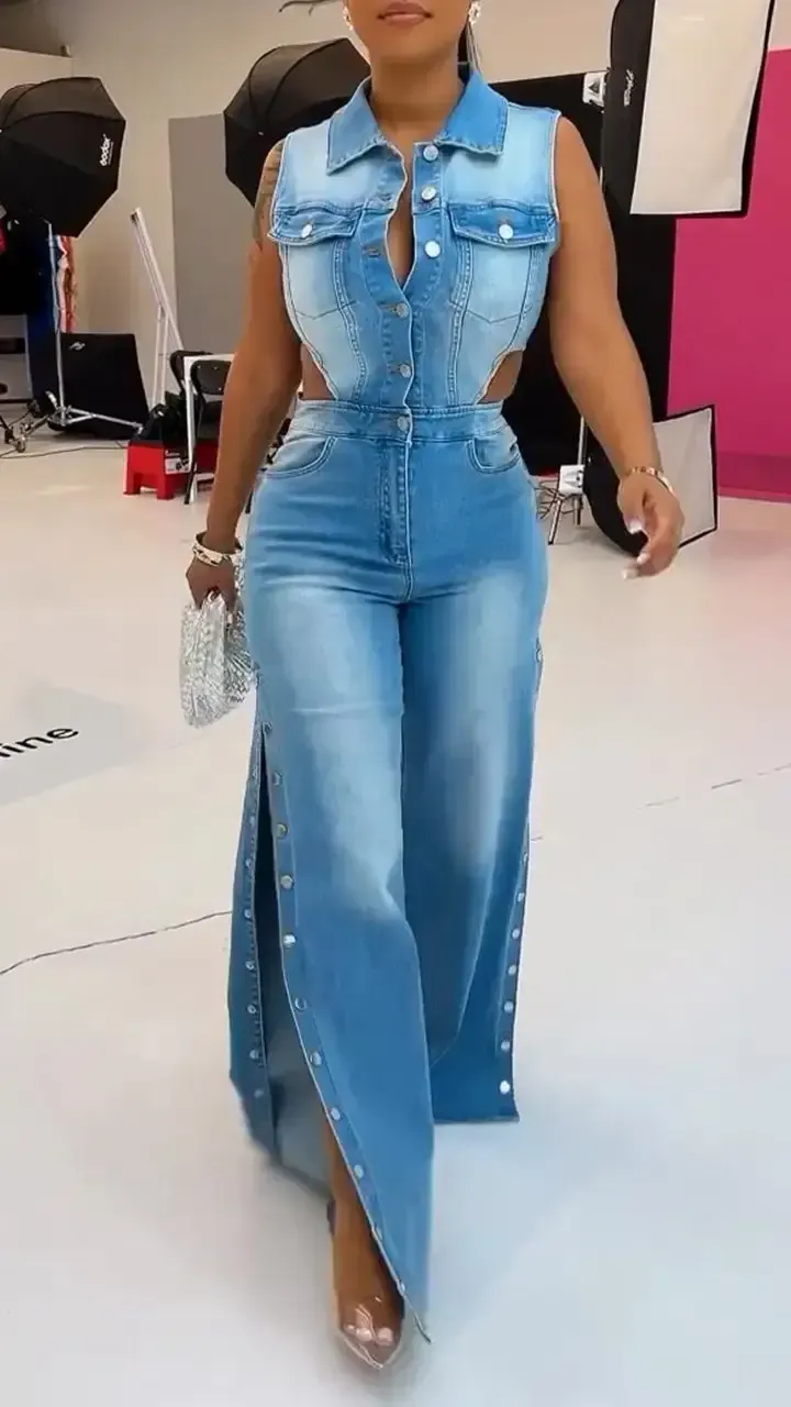 Women's Lapel Hollow Slit Denim Jumpsuit