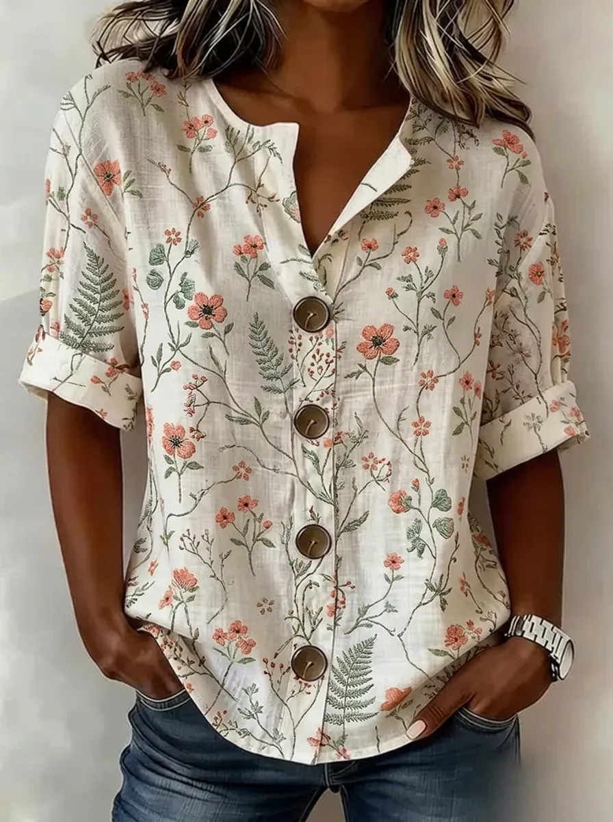 Women's Nashville Floral Fern Botanical Printed Button-Up Shirt