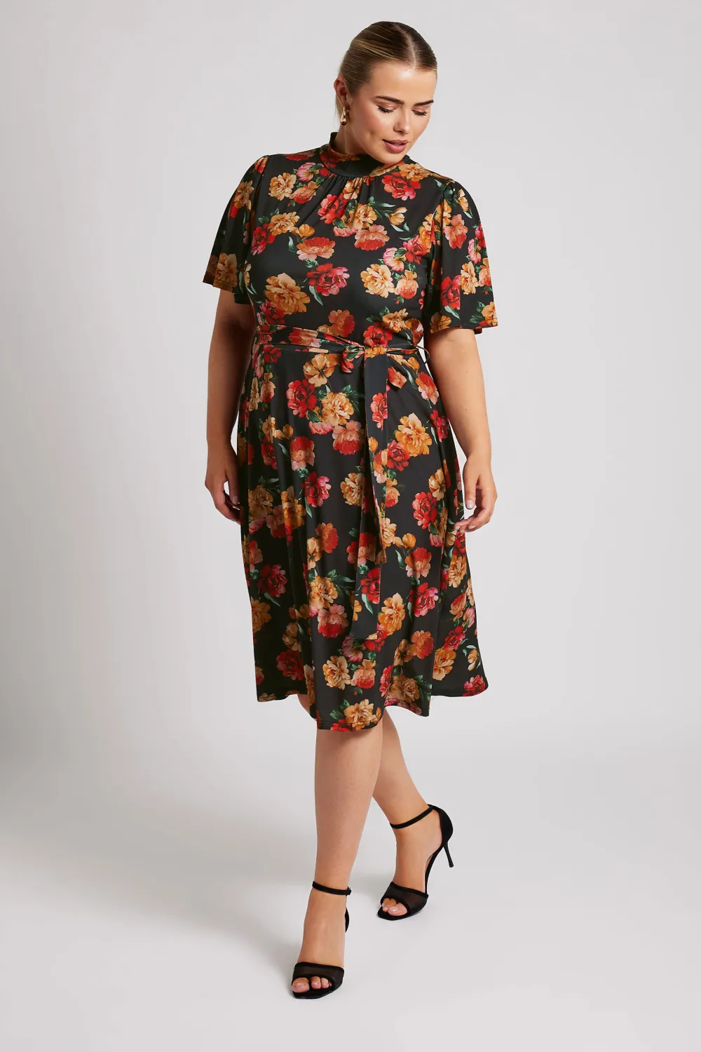 YOURS LONDON Curve Black & Orange Floral Print Skater Dress
