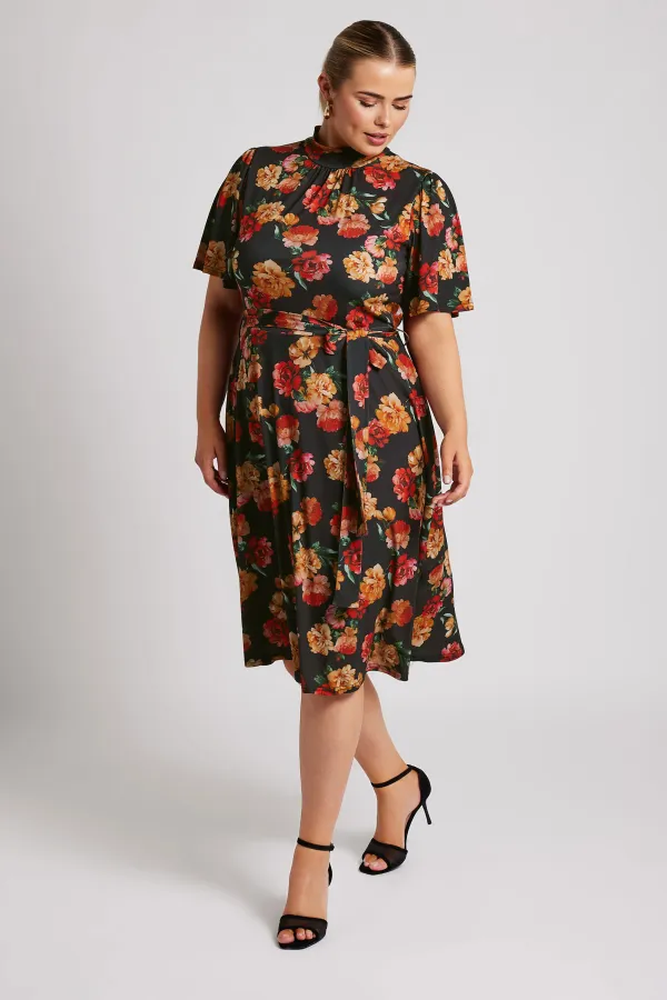 YOURS LONDON Curve Black & Orange Floral Print Skater Dress