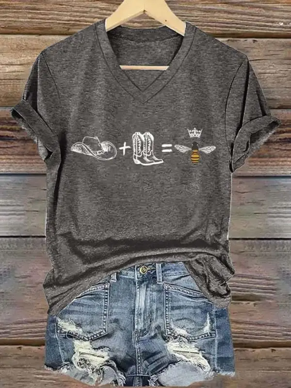 V-neck Retro Cowboy Hat Boots BeyHive Print T-Shirt