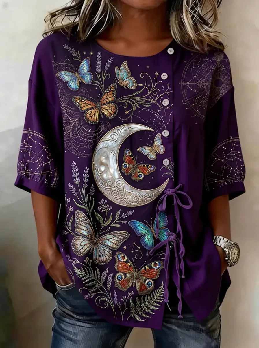 Women's Celestial Butterfly Moon Printed Button-Up Top
