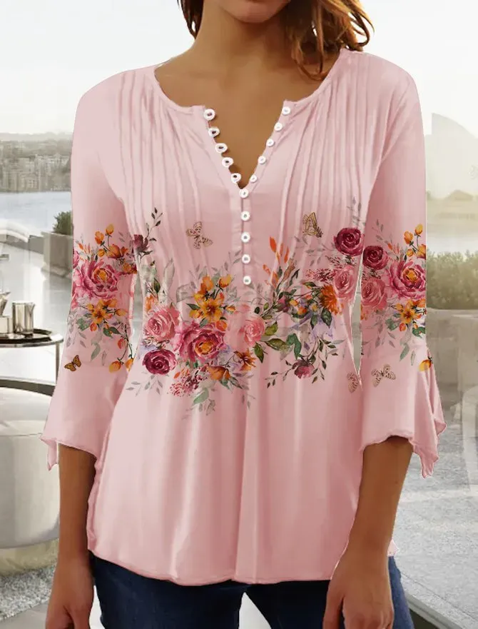 Women 3/4 Sleeve V-neck Floral Printed Tops